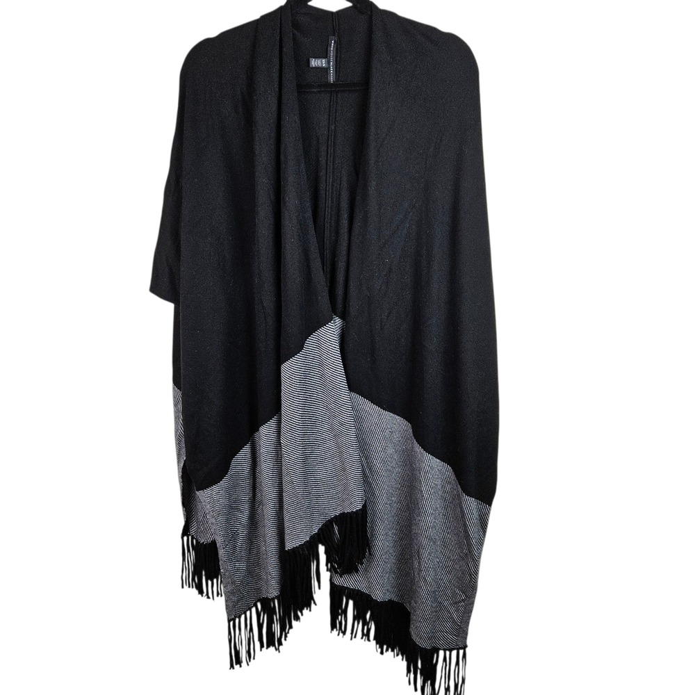 White House Black Market XS/S Black Gray Fringed Poncho‎ Cape Sweater